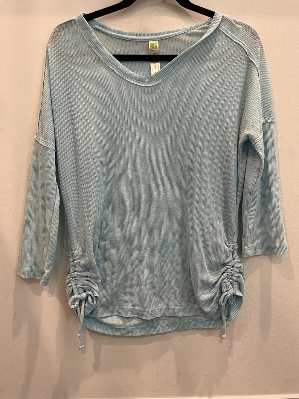 Light Blue Waffle Knit Drawstring Hem Long Sleeve Top